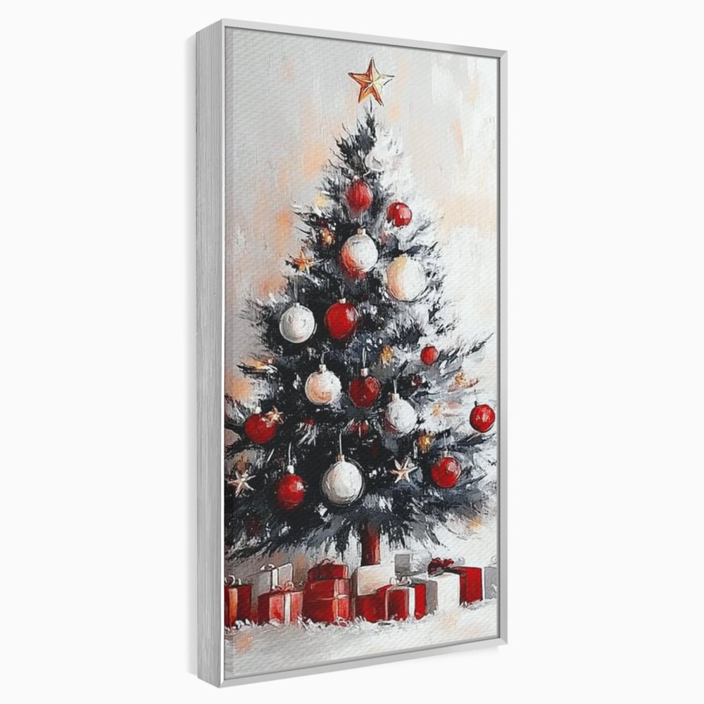 Tablou canvas cu tablou canvas cu brad de craciun pictat, in rama de aluminiu argintiu